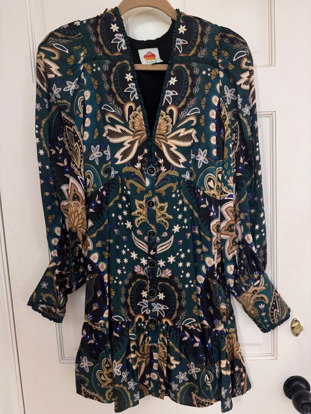 FARM Rio Teal Paisley Button-Front Mini Dress